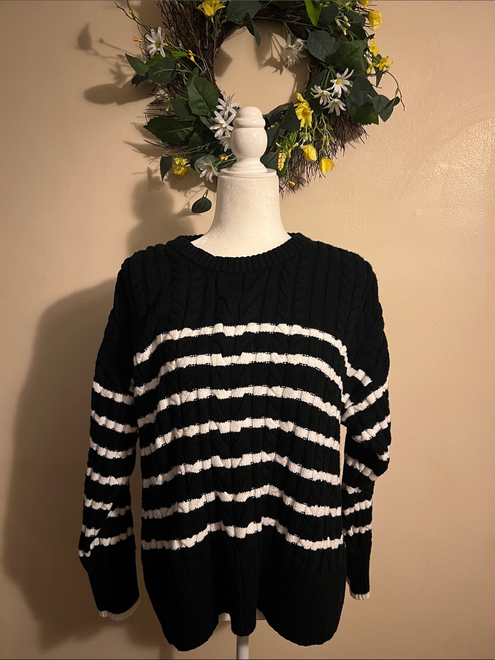 Philosophy Black & White Striped Cable Knit Crew Sweater